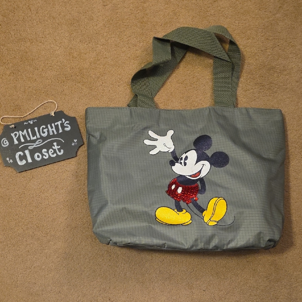 Disney Mickey Mouse Tote Bag Sage Green Sequins Nylon